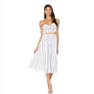 Love Shack Fancy Smocked Striped Midi‎ Dress White Blue Cutout XS Cottagecore